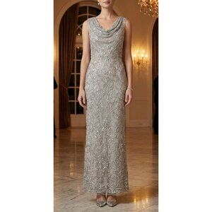 NWT $598 Mac Duggal Women’s 4 93537 Sequin Beaded Gown Cowl Neck Sleeveless